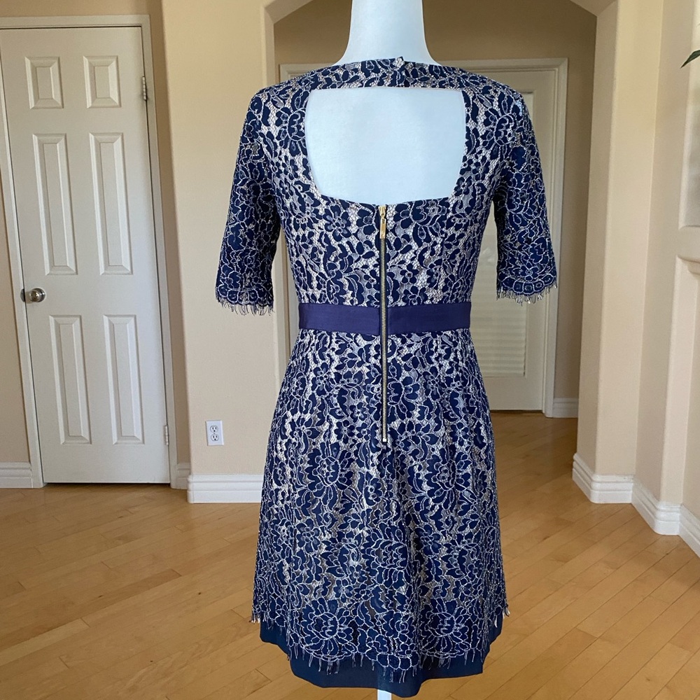 Eliza J Blue and Cream Lace A-line Mini Dress with 3/4 Sleeves - Picture 2 of 10